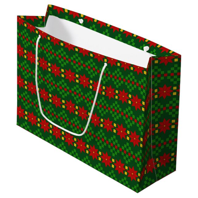 Tacky Sweater Style Christmas Poinsettias Large Gift Bag (Front Angled)
