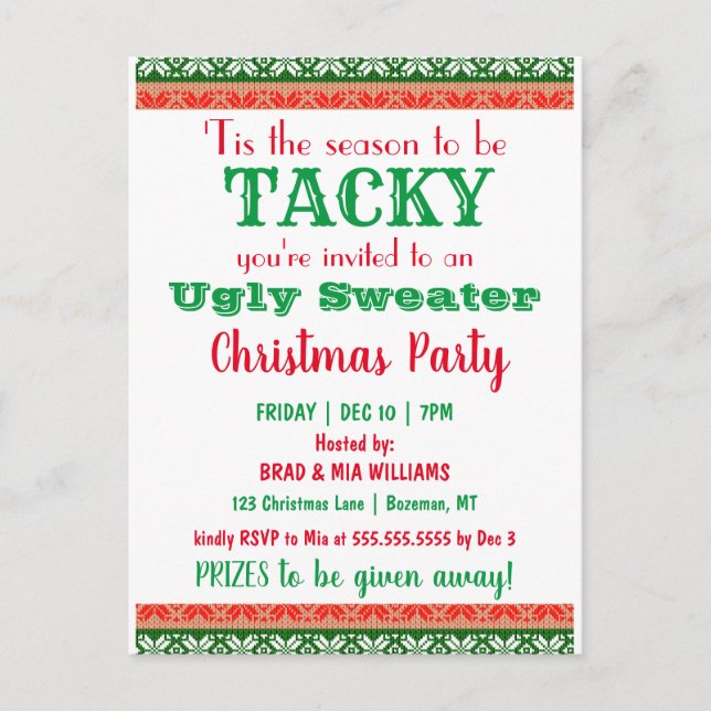 Tacky Ugly Sweater Christmas Party Invitation Postcard (Front)