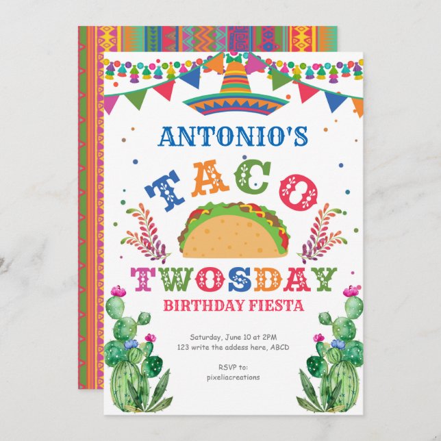Taco 2nd Birthday, Fiesta, Taco Twosday Invitation (Front/Back)
