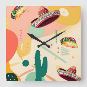 Taco and Sombrero Party Square Wall Clock