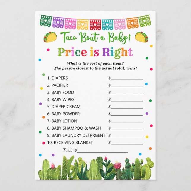 Taco Baby Shower Price is Right, Taco Bout Advice Card (Front)