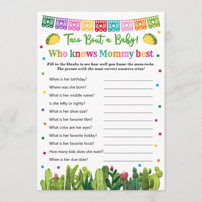 Taco Baby Shower Who Knows Mummy Best Game Advice Card (Front)