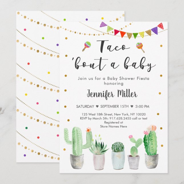Taco Bout A Baby Gold Fiesta Cactus Baby Shower Invitation (Front/Back)