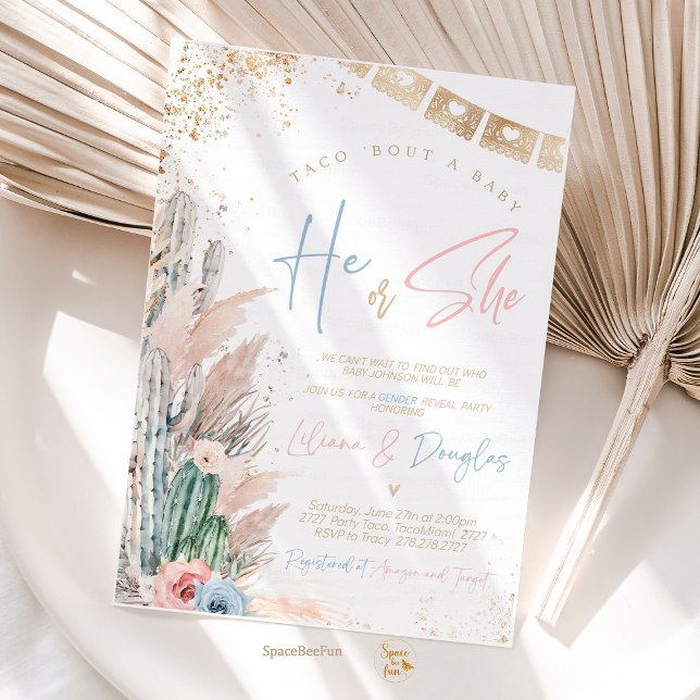 Taco Bout A Baby Shower Invites Boho gender reveal (taco bout baby shower invitation,gender reveal invites,boho pampas grass,fiesta baby shower invite,c)