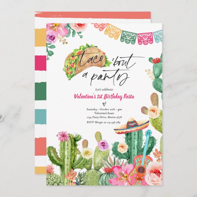 Taco 'Bout A Party 1st Birthday Fiesta Cactus Invitation (Front/Back)