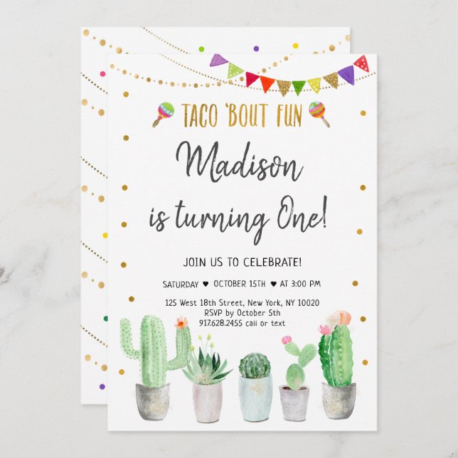 Taco 'Bout Fun Gold Fiesta First Birthday Invitation (Front/Back)