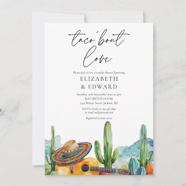 Taco Bout Love Watercolor Cactus Couples Shower Invitation (Front)