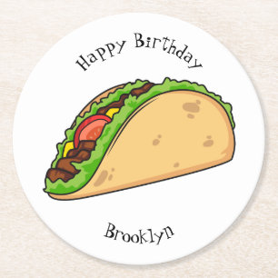 Taco cartoon illustration round paper coaster