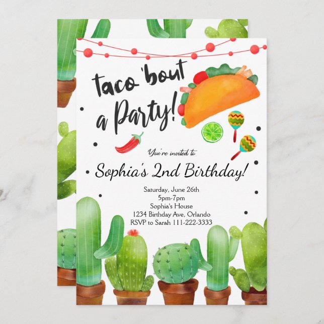 Taco Fiesta Bout Party Watercolor Cactus Invite (Front/Back)