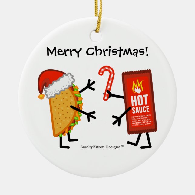 Taco & Hot Sauce - Merry Christmas! (customisable) Ceramic Tree Decoration (Front)