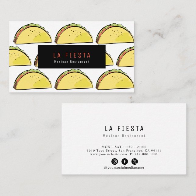 Taco Pattern Modern White Social Media Business Card (Front/Back)