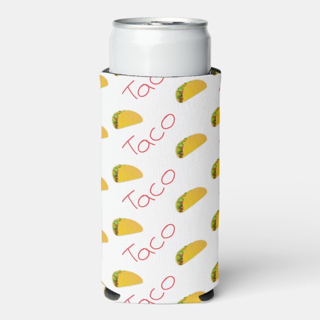 Taco pattern with red text on white seltzer can cooler (Seltzer Front)