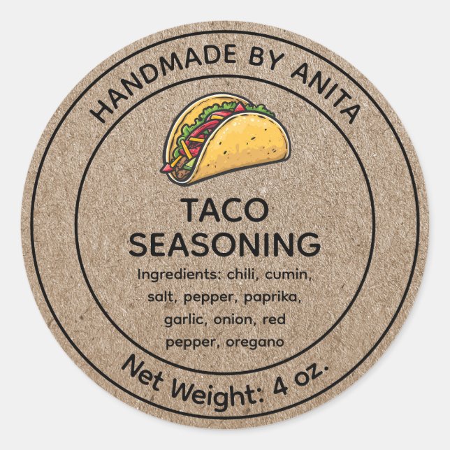 Taco Seasoning Blend Jar Label Kraft Paper Style (Front)