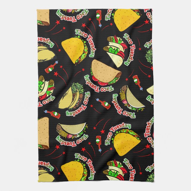 Taco Tuesday Hard and Soft Tacos Hot Sauce Black Tea Towel (Vertical)
