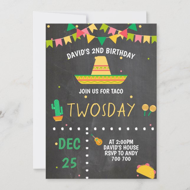 Taco Twosday Boy Fiesta 2nd Birthday Party Mexican Invitation (Front)