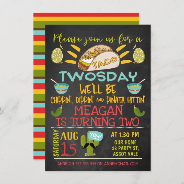 Taco Twosday Chalkboard 2nd Birthday Invitation (Front/Back)