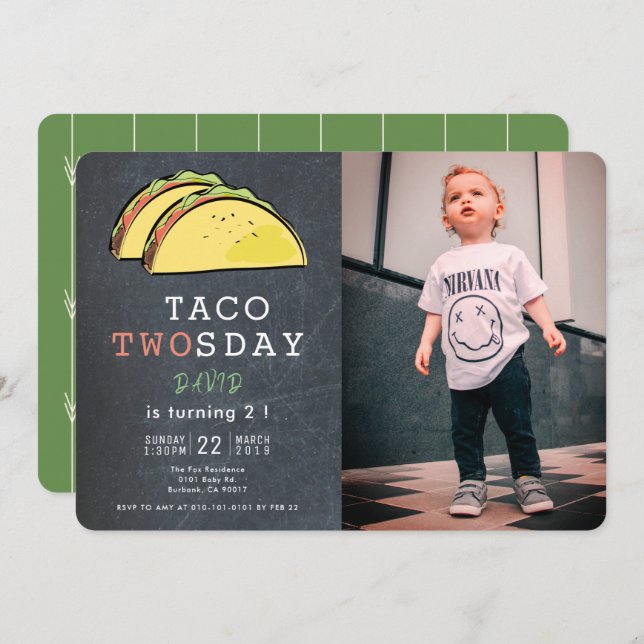 Taco Twosday Tuesday Chalkboard Photo 2nd Birthday Invitation (Front/Back)
