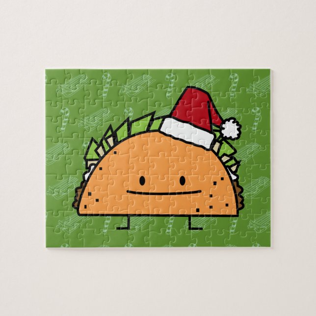 Taco wearing Santa Hat Christmas shell meat salsa Jigsaw Puzzle (Horizontal)