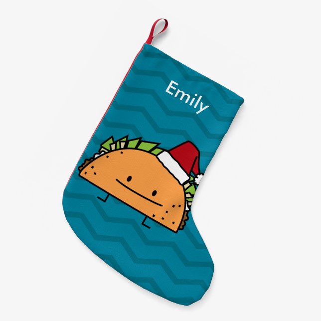 Taco wearing Santa Hat Christmas shell meat salsa Small Christmas Stocking (Front (Hanging))