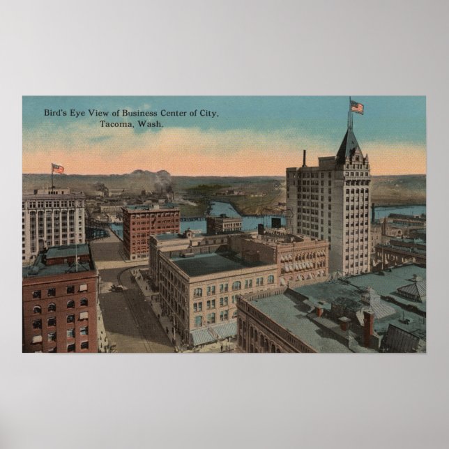 Tacoma, WA - Bird's Eye View of Downtown Poster (Front)