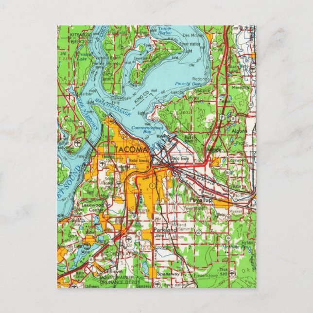 Tacoma Washington Vintage Map  Postcard (Front)
