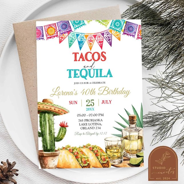 Tacos and Tequila 40th Adult Birthday Fiesta Invitation (Creator Uploaded)