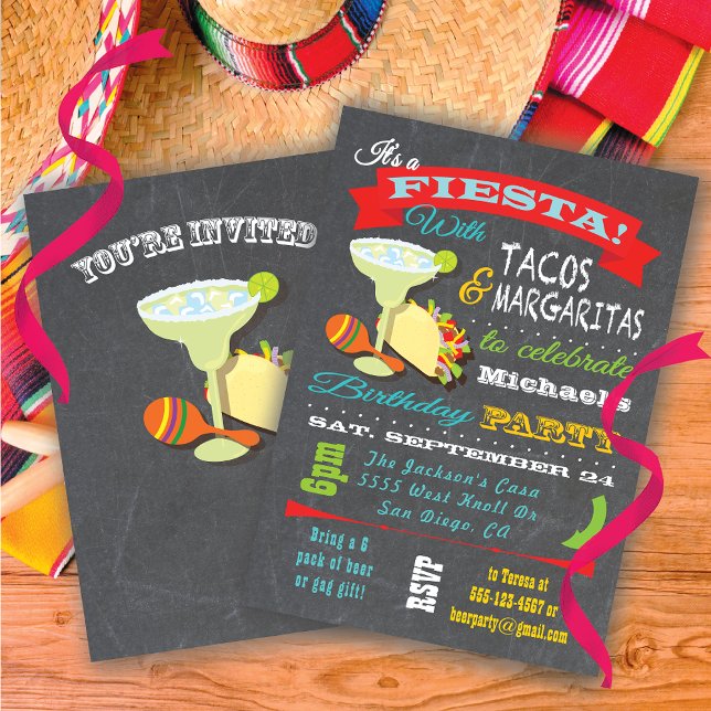 Tacos and Tequilla Mexican Fiesta Birthday Invitation (Creator Uploaded)