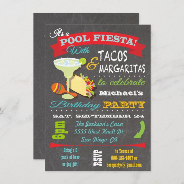 Tacos and Tequilla Pool Birthday Party Invitation (Front/Back)