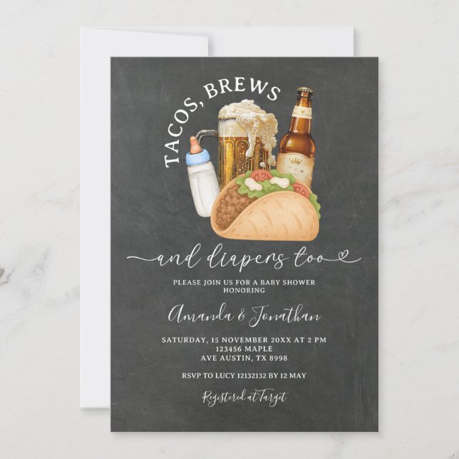 Tacos Brews and Diapers Baby Shower Chalkboard Invitation (Front)