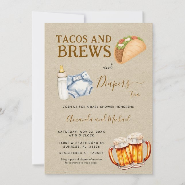 Tacos Brews and Diapers Baby Shower Kraft Invitation (Front)