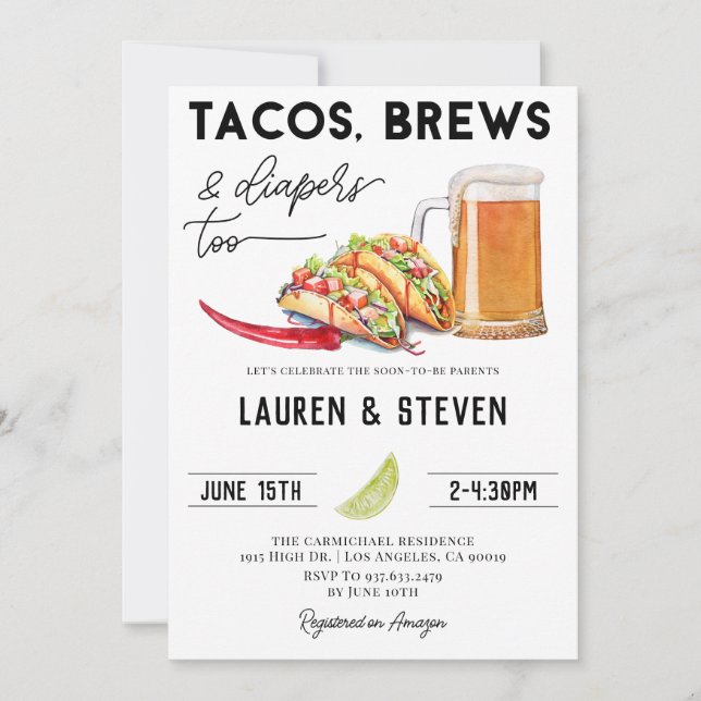 Tacos Brews Diapers Too Baby Shower Invitation (Front)