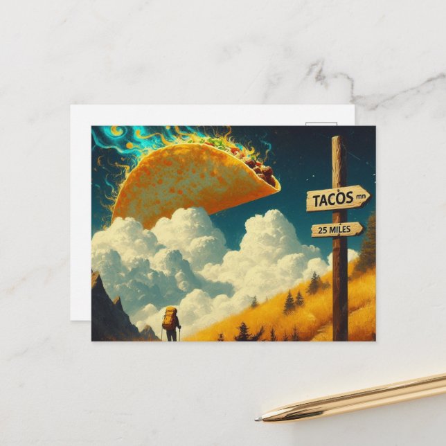 Tacos in 25 Miles Hiker with Giant Taco in the Sky Postcard (Front/Back In Situ)