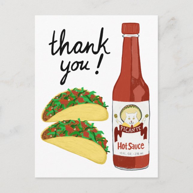 TACOS Spicy Hot Sauce Cat Maracas THANK YOU Postcard (Front)