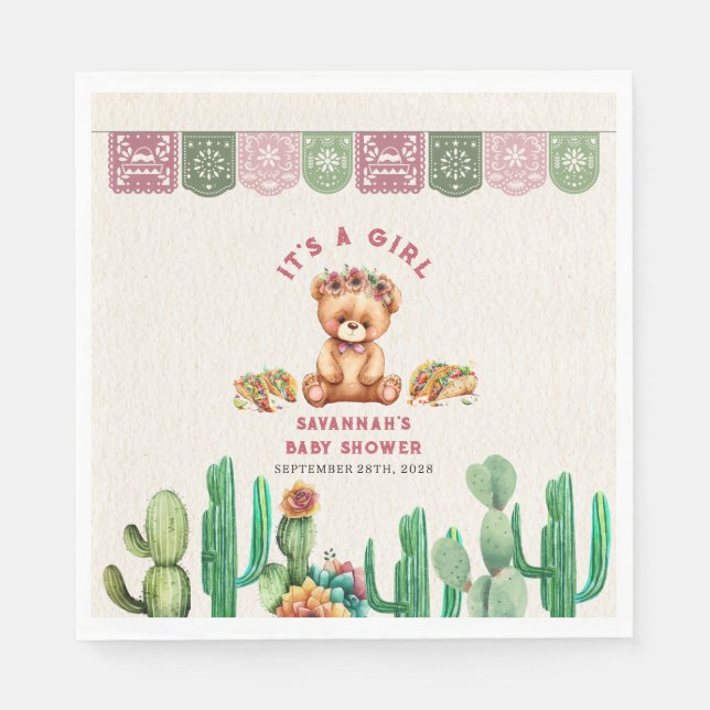 Tacos & Teddy Bears Cactus Girl Baby Shower Fiesta Napkin (Front)