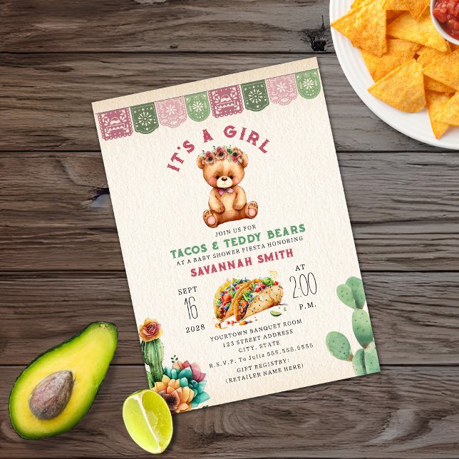 Tacos & Teddy Bears Girl Baby Shower Fiesta Invitation (Creator Uploaded)