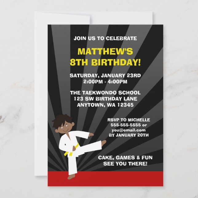 Taekwondo African American Yellow Belt Birthday Invitation (Front)