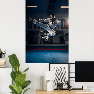 Taekwondo Athlete Performing Flying Sidekick Poster