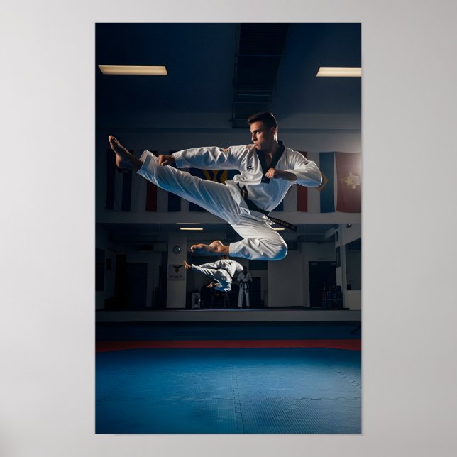 Taekwondo Athlete Performing Flying Sidekick Poster (Front)