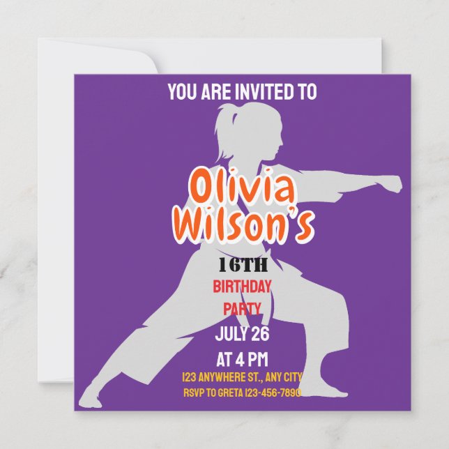Taekwondo Birthday Party, Taekwondo Girl Player   Invitation (Front)
