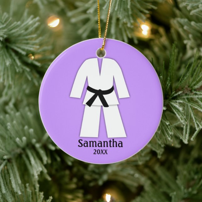 Taekwondo Karate Black Belt Purple Personalised Ceramic Tree Decoration (Tree)