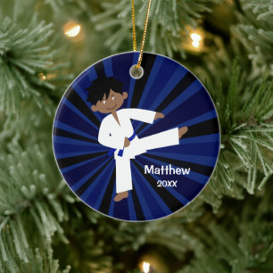 Taekwondo Karate Blue Belt Boy Personalized Ceramic Tree Decoration