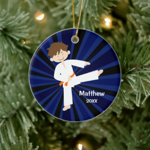 Taekwondo Karate Orange Belt Boy Personalised Ceramic Tree Decoration