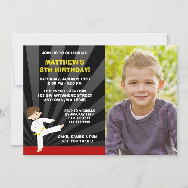 Taekwondo Karate Yellow Belt Birthday Invitations (Front)