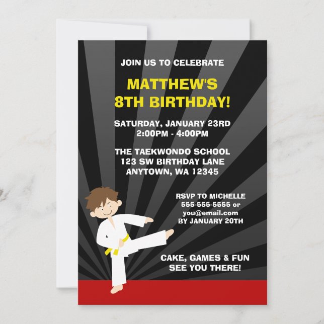 Taekwondo Karate Yellow Belt Birthday Invitations (Front)