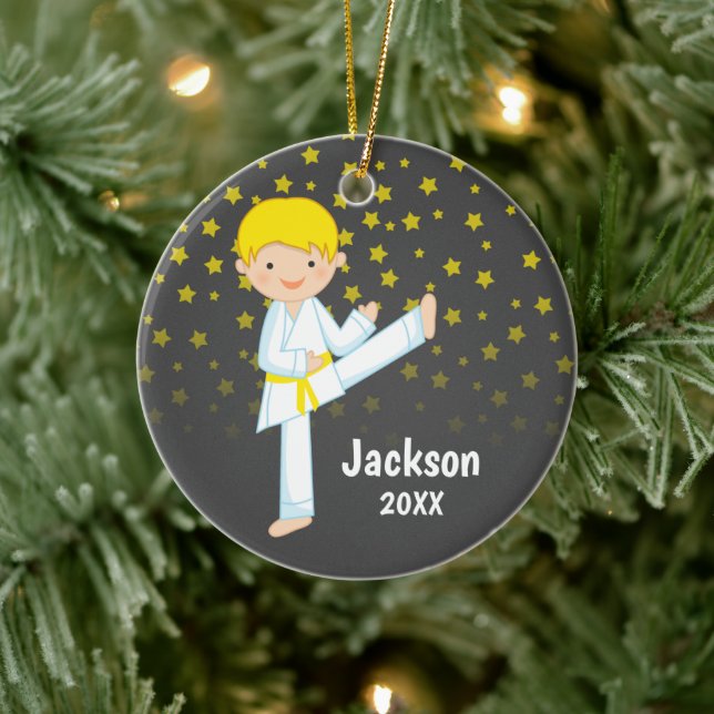 Taekwondo Yellow Belt Blonde Boy Personalised Ceramic Tree Decoration (Tree)