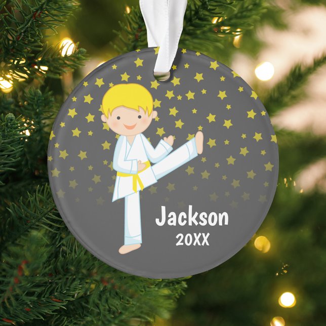 Taekwondo Yellow Belt Blonde Boy Personalised Ornament (Creator Uploaded)