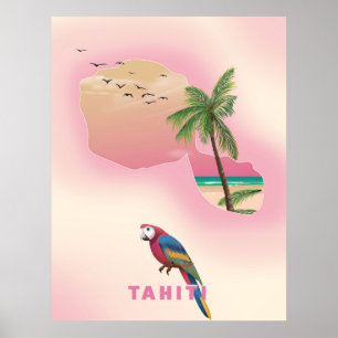 Tahiti illustrated map travel poster