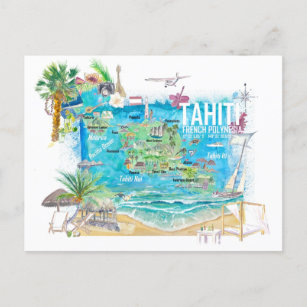 Tahiti Illustrated Travel Map with Roads  Postcard
