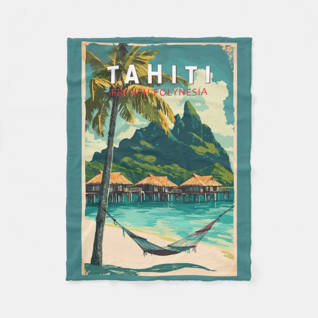 Tahiti Illustration Travel Art Vintage Fleece Blanket (Front)