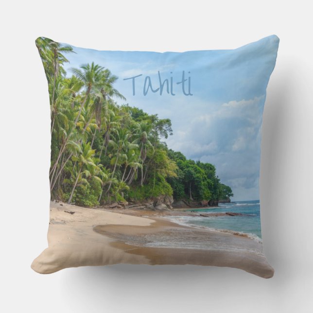 Tahiti Sand Beach Blue Sky Palm Trees Cushion (Front)